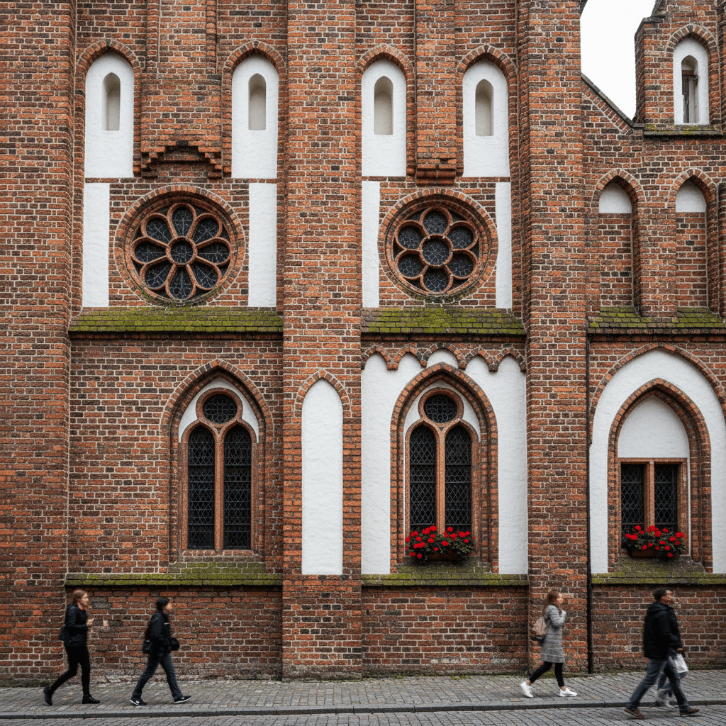 Red-brick Gothic-style building with a Latin cross floor plan, featuring arched windows, white stone trim, and intricate architectural details under soft natural light.