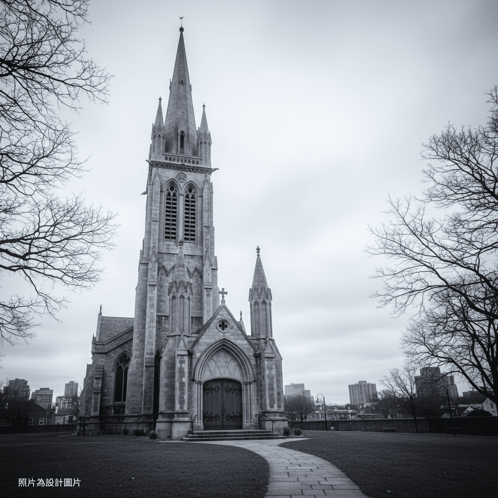 Black and white photograph of a historic neo-Gothic church with a tall steeple, captured from a low angle amid trees and grass, emphasizing its height and timeless architecture.