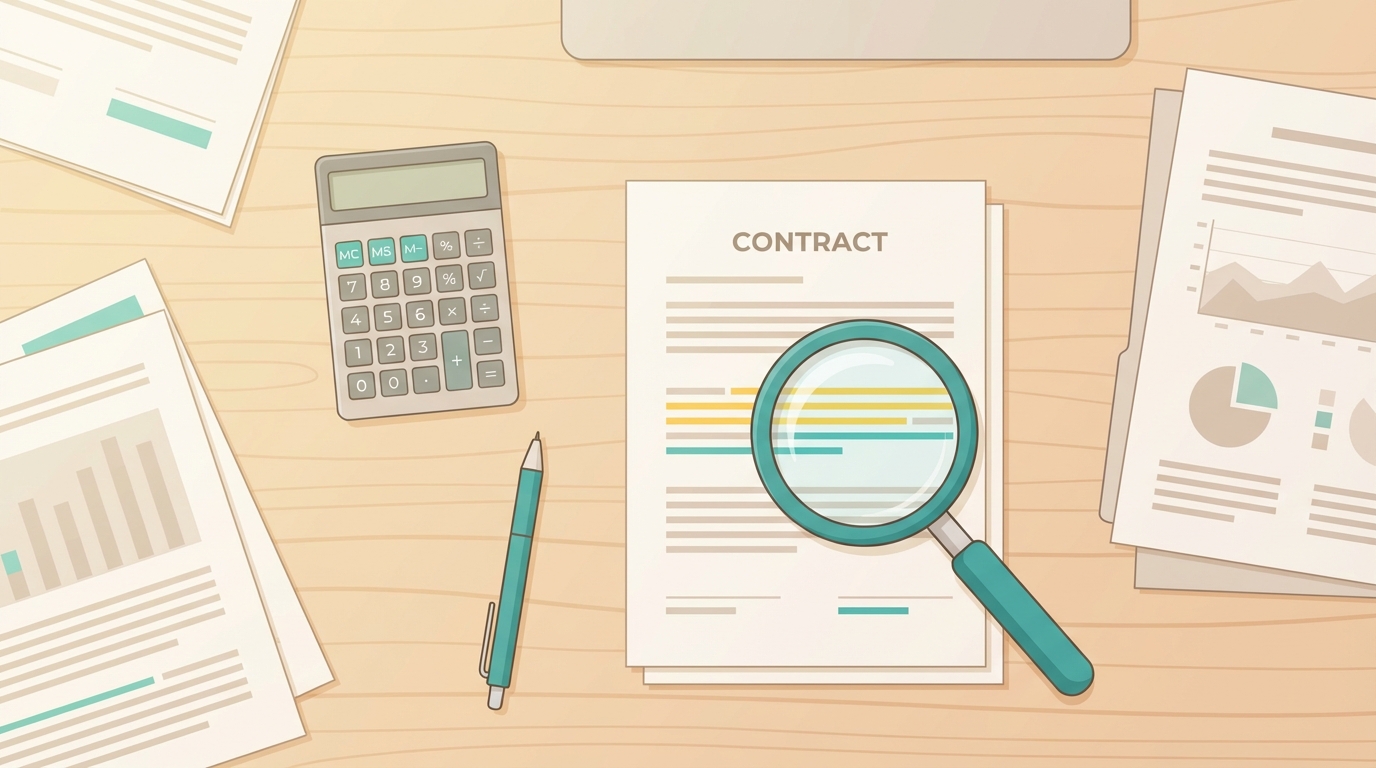 殯儀服務合約文件審閱桌面場景——放大鏡、計算機與合約