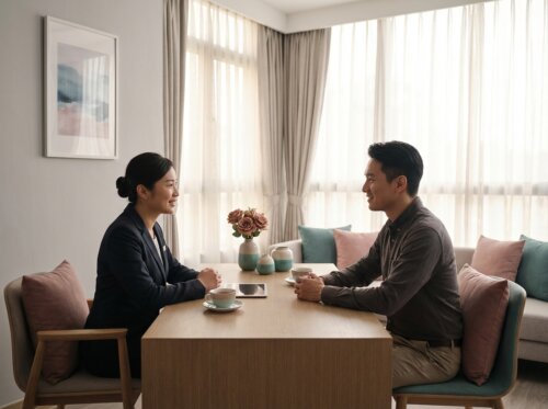 香港殯儀服務諮詢場景——專業顧問與家屬進行溫暖的面談