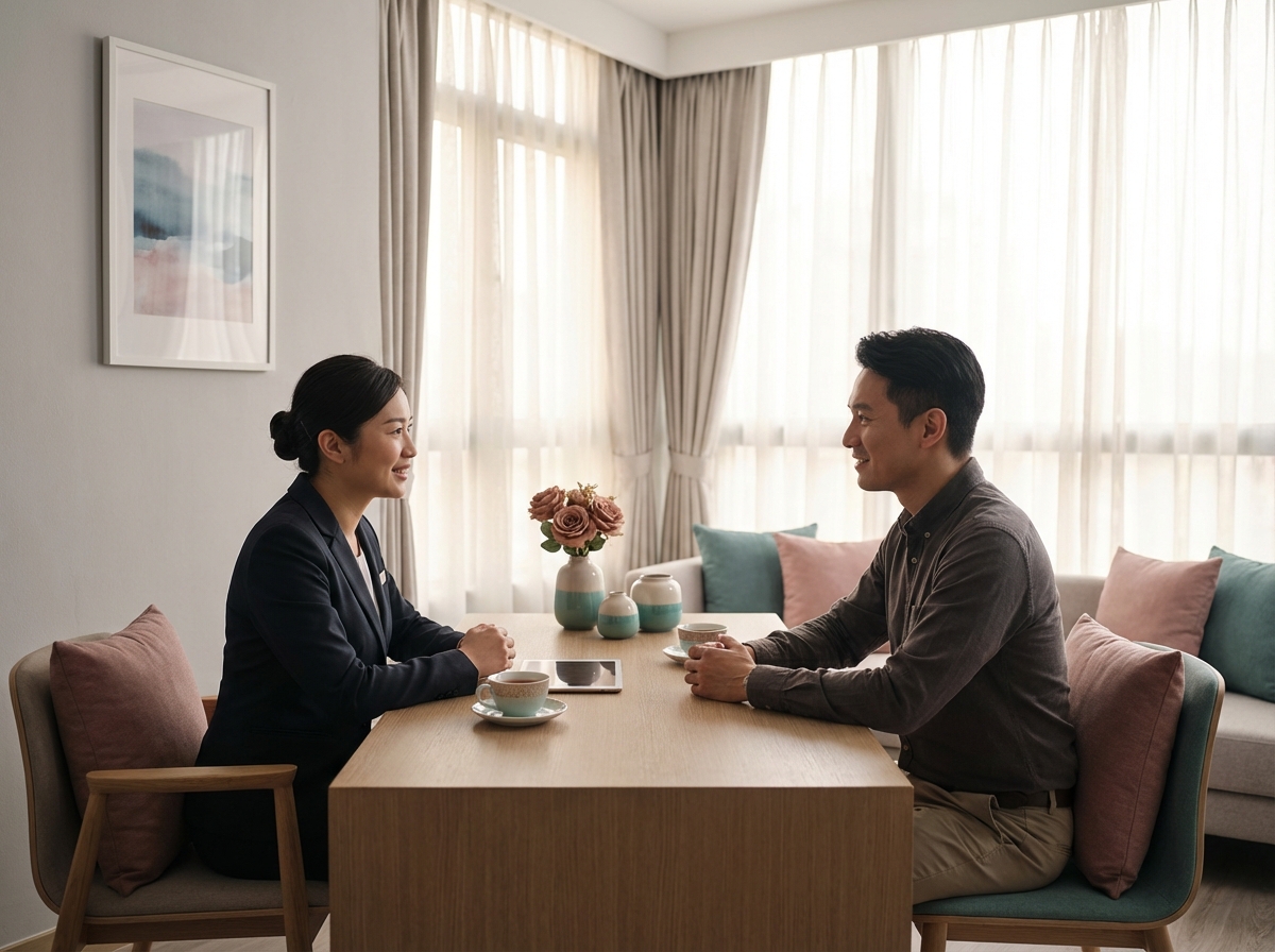 香港殯儀服務諮詢場景——專業顧問與家屬進行溫暖的面談