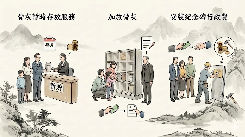 家屬辦理加放骨灰及安裝紀念碑手續時需繳付的行政費清單