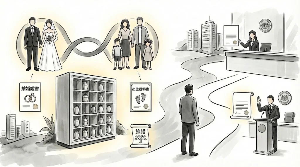 展示申請骨灰龕位合葬時所需的結婚證書及民政事務處宣誓紙樣本