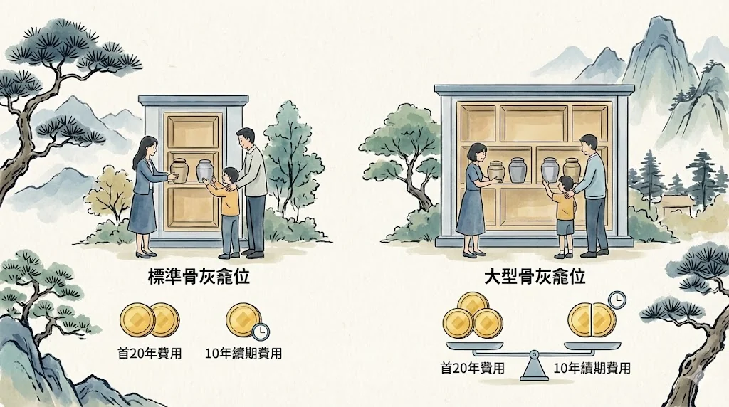 比較香港公眾骨灰龕位標準位與大型位的租金及續期費用表格