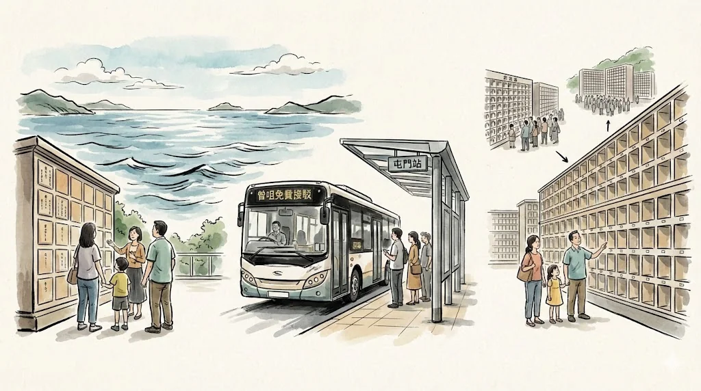 展示曾咀靈灰安置所的海景地理環境，以及往返屯門站的交通接駁巴士預約資訊。