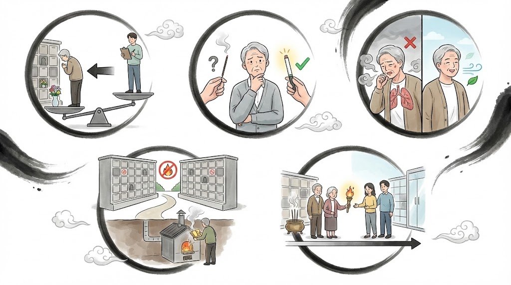 5-questions-to-decide-columbarium-incense-type 條列式清單圖,包含誰是主力拜祭者、健康考量及對電子香接受度等核心評估問題。