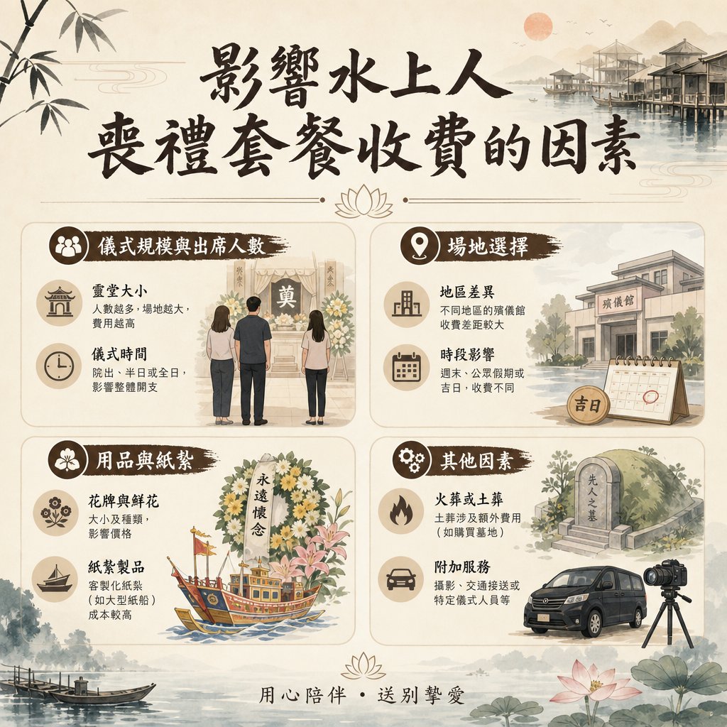 關於「影響水上人喪禮套餐收費的因素」的資訊圖表，圖表詳細列出四大收費影響因素：一、儀式規模與出席人數；二、場地選擇：包含地區差異；三、用品與紙紮；四、其他因素等。