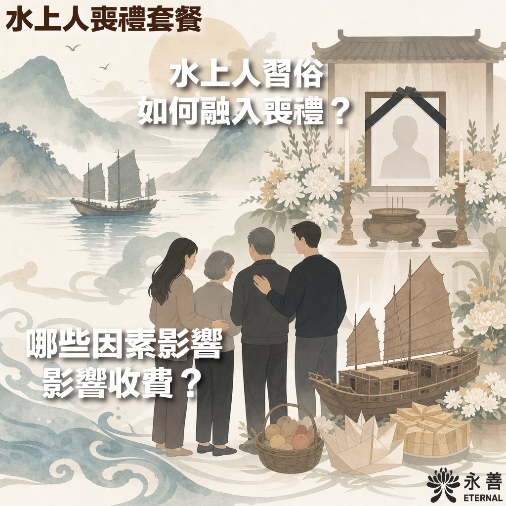 永善殯儀的「水上人喪禮套餐」宣傳圖。圖片上的文字寫有：「水上人喪禮套餐」、「水上人習俗如何融入喪禮？」以及「哪些因素影響收費？」。
