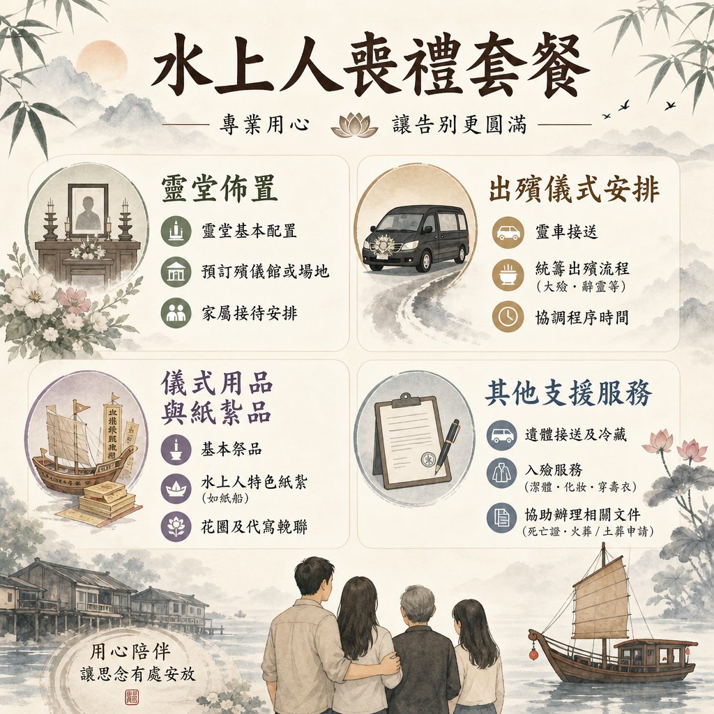 關於「水上人喪禮套餐」的資訊圖表，圖表將服務分為四大範疇：一、靈堂佈置；二、出殯儀式安排；三、儀式用品與紙紮品；四、其他支援服務。