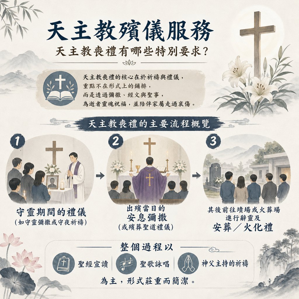 一幅古典水墨山水風格的天主教殯儀服務流程資訊圖表，主標題為「天主教殯儀服務：天主教喪禮有哪些特別要求？」。右上角有一座大型十字架、白百合與綠葉，左下角帶有粉色蓮花，左上與右下有水墨竹葉與山水點綴。 上方橫幅文字說明：「天主教喪禮的核心在於祈禱與禮儀，重點不在形式上的鋪排，而是透過彌撒、經文與聖事，為逝者靈魂祝福，並陪伴家屬走過哀傷。」 中央為「天主教喪禮的主要流程概覽」，包含三個時序步驟：1 守靈期間的禮儀，如守靈彌撒或守夜祈禱（圖為神父帶領持蠟燭的家屬在逝者相框前祈禱）；2 出殯當日的安息彌撒，或殯葬聖道禮儀（圖為神父背對家屬，在祭台前主持彌撒）；3 其後前往墳場或火葬場進行辭靈及安葬／火化禮（圖為家屬在墓園前送別）。 底部框線內標註：「整個過程以聖經宣讀、聖歌詠唱、神父主持的祈禱為主，形式莊重而簡潔。」（搭配聖經、音符與合十禱告三個圖示）。