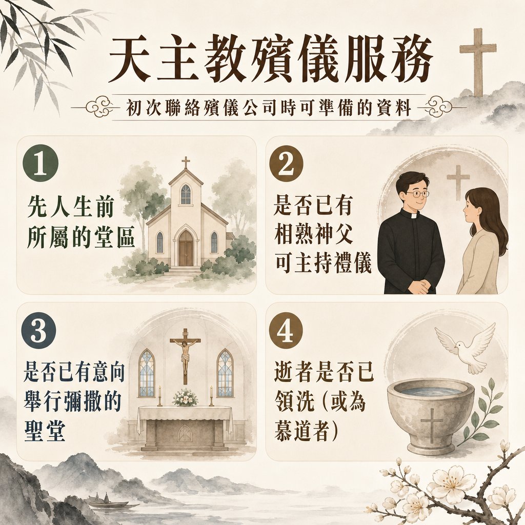 一幅古典水墨山水風格的天主教殯儀服務資訊圖表，主標題為「天主教殯儀服務：初次聯絡殯儀公司時可準備的資料」。右上角標有木製十字架，左上與右下點綴著水墨竹葉與白色梅花。圖中以 1 至 4 的深灰色圓形數字標章，條列出四項家屬可先確認的資料與插圖說明： 1 先人生前所屬的堂區（圖為綠樹環繞的歐式天主教聖堂建築）； 2 是否已有相熟神父可主持禮儀（圖為一位穿著天主教神職人員羅馬領服裝的神父，正與一位女家屬親切交談，背景帶有淡淡的十字架）； 3 是否已有意向舉行彌撒的聖堂（圖為聖堂內部的祭台、耶穌釘十字架苦像、兩支點燃的蠟燭與彩色玻璃窗）； 4 逝者是否已領洗，或為慕道者（圖為天主教洗禮用的聖洗池，刻有十字架，上方有一隻展翅飛翔的白鴿與綠色橄欖枝裝飾）。