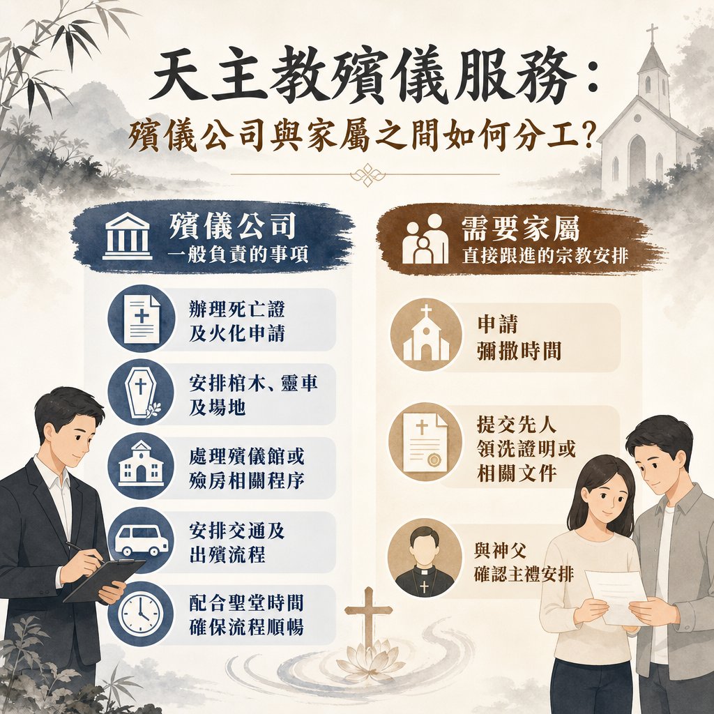 一幅古典水墨山水風格的天主教殯儀服務分工資訊圖表，主標題為「天主教殯儀服務：殯儀公司與家屬之間如何分工？」。右上角隱約可見雲霧中的天主教聖堂，左上與右下有點綴的水墨竹葉，底部中央有一座木製十字架與盛開的金色蓮花倒映在水面中。 圖表分為左右兩大對比板塊： 左側為深藍色區塊「殯儀公司一般負責的事項」，左下角有一位身穿黑西裝的專業殯儀顧問正持板記錄，其條列項目包含：辦理死亡證及火化申請、安排棺木、靈車及場地、處理殯儀館或殮房相關程序、安排交通及出殯流程、配合聖堂時間確保流程順暢（各項目均配有相應的圖示）。 右側為咖啡色區塊「需要家屬直接跟進的宗教安排」，右下角有一對男女家屬正神情專注地核對手中文件，其條列項目包含：申請彌撒時間（配聖堂圖示）、提交先人領洗證明或相關文件（配帶十字架的文件圖示）、與神父確認主禮安排（配神父頭像圖示）。