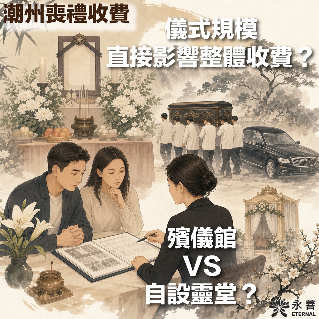 永善 ETERNAL 潮州喪禮收費宣傳插畫，圖中帶有繁體中文字幕：「潮州喪禮收費」、「儀式規模直接影響整體收費？」與「殯儀館 VS 自設靈堂？」。