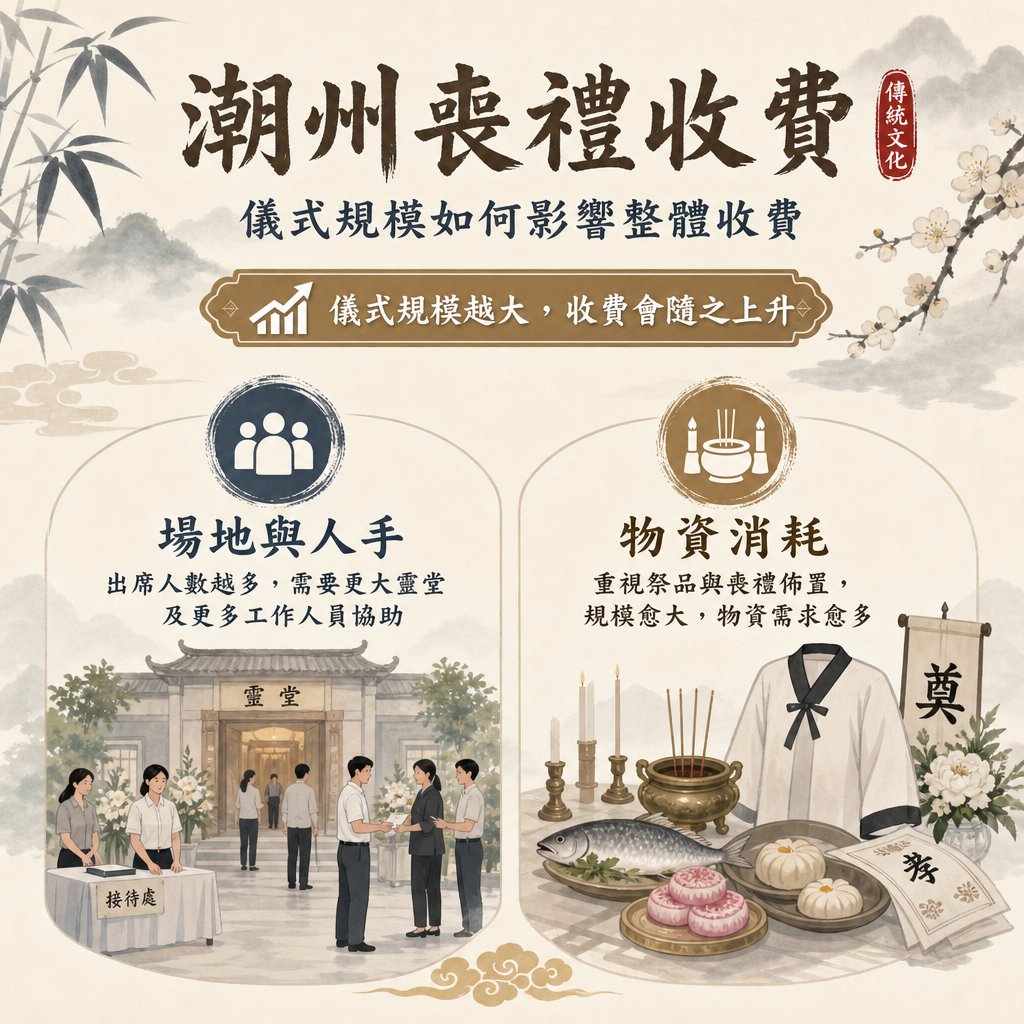 chaozhou-funeral-costs-scale-factors 一張以水墨淡雅風格呈現的潮州喪禮收費資訊圖表,主題為「儀式規模如何影響整體收費」。內容分為兩大版塊:左邊主題為「場地與人手」,右邊主題為「物資消耗」。