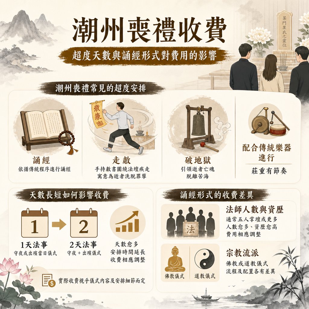 chaozhou-funeral-deliverance-days-cost 這是一張水墨風格的潮州喪禮收費資訊圖表,主題為「超度天數與誦經形式對費用的影響」。圖表分為三個主要部分:常見的超度安排、天數長短如何影響收費及誦經形式的收費差異。