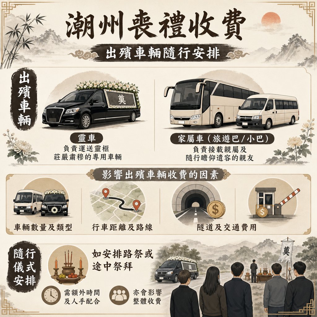 chaozhou-funeral-hearse-and-coach-costs 這是一張水墨淡雅風格的潮州喪禮收費資訊圖表,主題為「出殯車輛隨行安排」。圖表內容由上至下分為三個核心區塊:出殯車輛分類、影響出殯車輛收費的因素及隨行儀式安排。