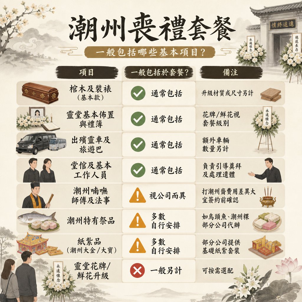 chaozhou-funeral-package-items-checklist 潮州喪禮套餐基本項目對比表,詳細拆解棺木、靈堂佈置、靈車、工作人員、潮州喃嘸法事、特有祭品及紙紮品的包含情況與備註。