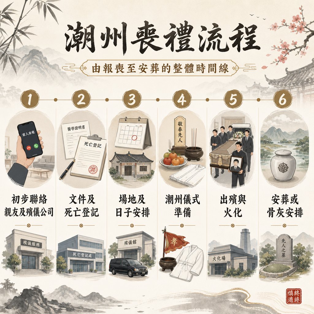 chaozhou-funeral-process-steps-infographic 一張傳統水墨風格的潮州喪禮流程資訊圖表,詳細列出由報喪至安葬的 6 個整體時間線步驟,包含:初步聯絡、文件登記、場地安排、儀式準備、出殯火化及安葬安排。