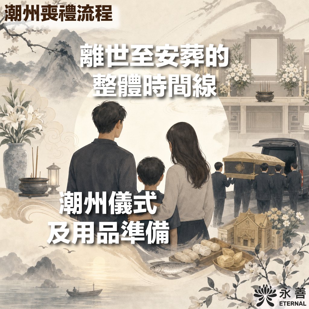 chaozhou-funeral-process-timeline 一張關於潮州喪禮流程的插圖,文字標示了「離世至安葬的整體時間線」以及「潮州儀式及用品準備」,由永善 Eternal 提供。