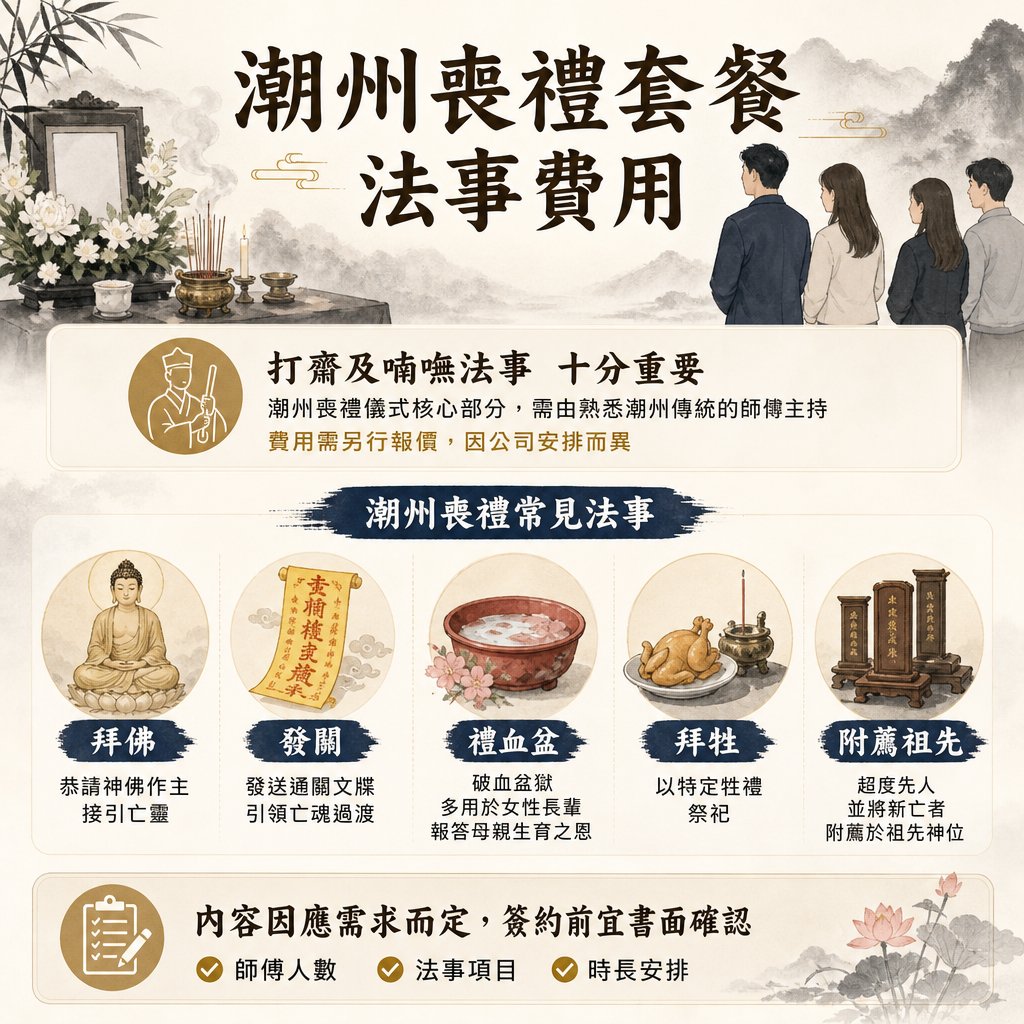 chaozhou-funeral-ritual-services-cost 潮州喪禮常見法事與費用說明圖表,詳細介紹拜佛、發關、禮血盆、拜牲、附薦祖先等傳統儀式,並提示簽約前應書面確認師傅人數及法事項目。