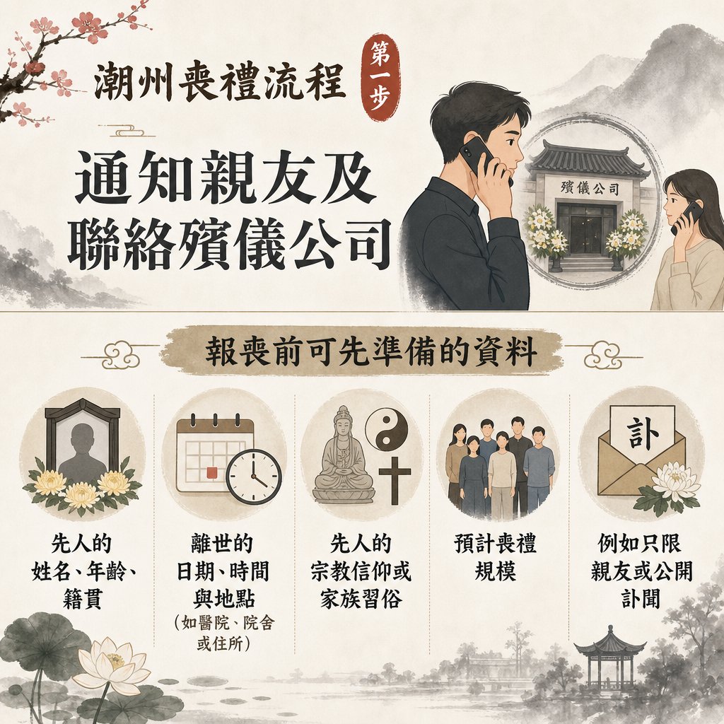 chaozhou-funeral-step1-contact-funeral-company 一張傳統古風水墨風格的資訊圖表,主題為「潮州喪禮流程第一步:通知親友及聯絡殯儀公司」,下方列出家屬在報喪前可先準備的五大核心資料。