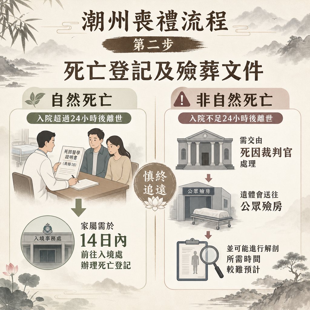 chaozhou-funeral-step2-death-registration 一張傳統古風水墨風格的資訊圖表,主題為「潮州喪禮流程第二步:死亡登記及殮葬文件」,詳細對比了在香港面對自然死亡與非自然死亡時的白事辦理手續與期限。
