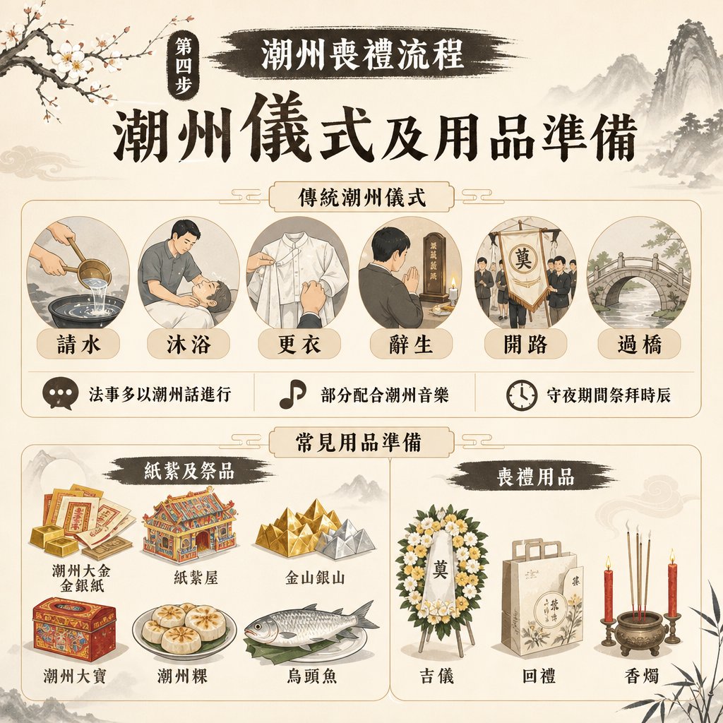 chaozhou-funeral-step4-ceremony-supplies 一張傳統古風水墨風格的資訊圖表,主題為「潮州喪禮流程第四步:潮州儀式及用品準備」。圖表詳細列出請水、沐浴、更衣、辭生、開路、過橋等六大傳統潮州儀式,並羅列了潮州大寶、潮州粿、烏頭魚等特色紙紮與祭品。