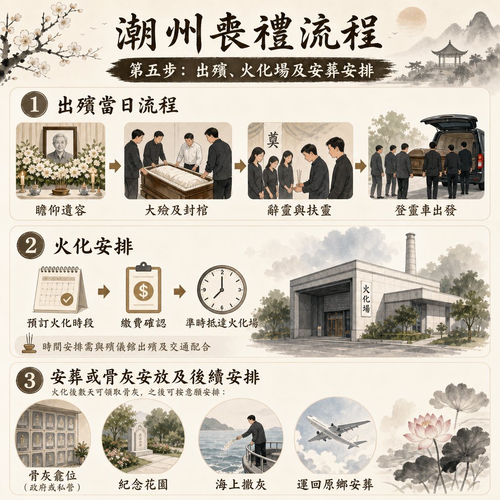 chaozhou-funeral-step5-cremation-burial-arrangement 一張傳統古風水墨風格的資訊圖表,主題為「潮州喪禮流程第五步:出殯、火化場及安葬安排」。圖表詳細列出出殯當日的四大流程、火化手續注意事項,以及火化後包含骨灰龕位、紀念花園、海上撒灰與運回原鄉安葬等四種後續安葬安排。