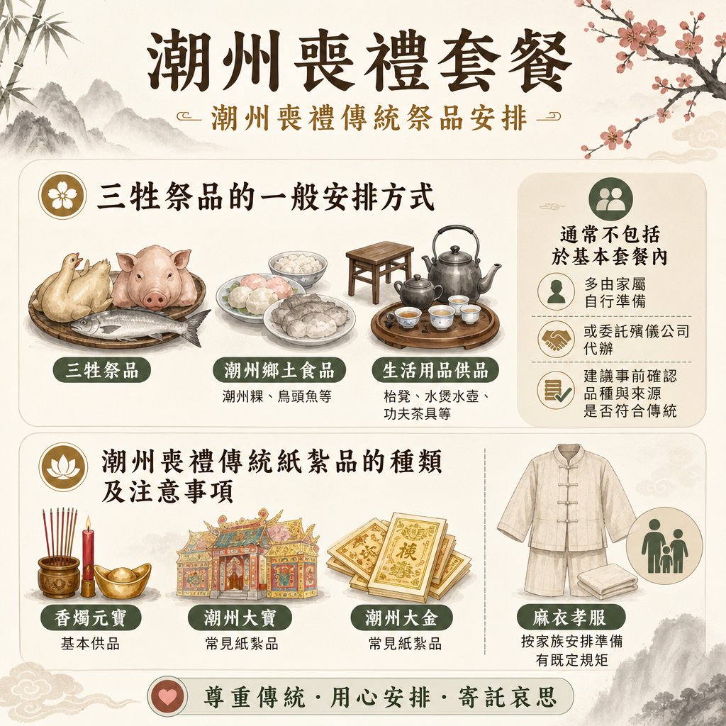 chaozhou-funeral-traditional-offerings-guide 潮州喪禮傳統祭品與紙紮品安排圖解,涵蓋三牲、潮州粿、鳥頭魚、功夫茶具、潮州大金、大寶紙紮及麻衣孝服的準備須知。