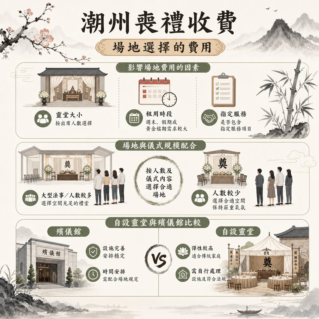 chaozhou-funeral-venue-selection-costs 這是一張水墨淡雅風格的潮州喪禮收費資訊圖表,主題為「場地選擇的費用」。圖表內容由上至下分為三個核心部分:影響場地費用的因素、場地與儀式規模配合及自設靈堂與殯儀館比較。