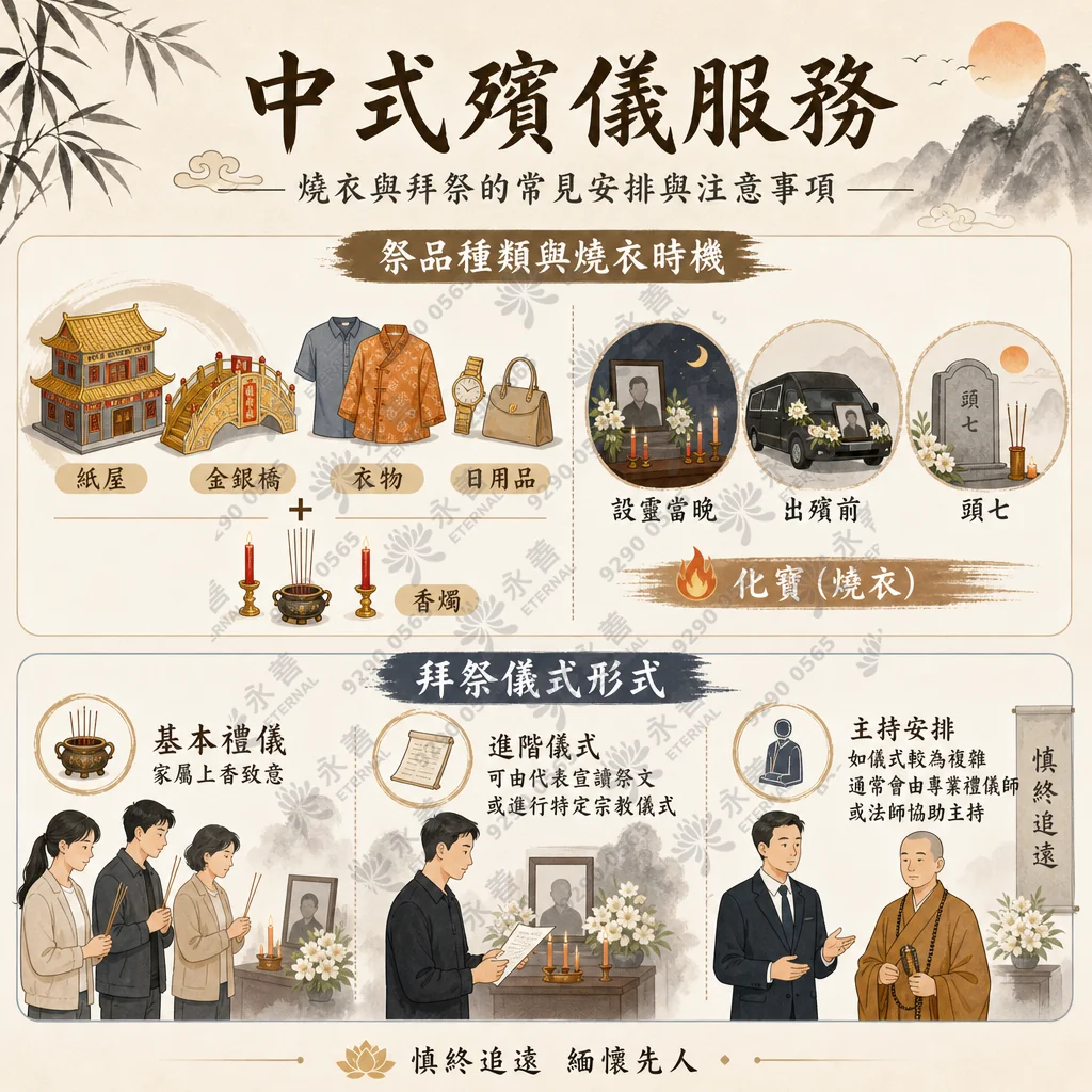中式殯儀服務資訊圖表，主題為「燒衣與拜祭的常見安排與注意事項」。背景為古典水墨山水。 圖表分為兩大主要板塊：祭品種類與燒衣時機及拜祭儀式形式。