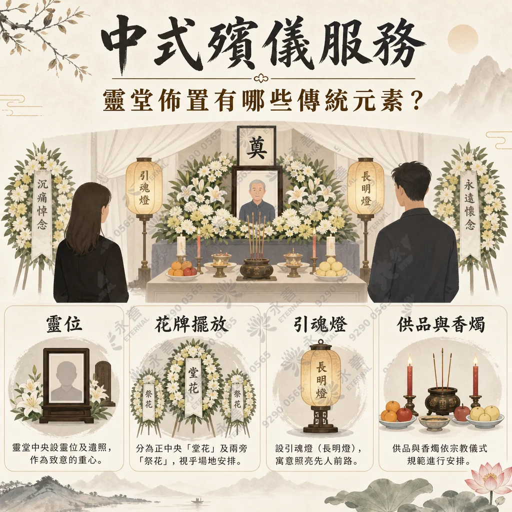 中式殯儀服務資訊圖表，主題為「靈堂佈置有哪些傳統元素？」。背景為淡雅水墨山水與荷花。上方主視覺為一男一女家屬背影，正面對佈置莊嚴的中式靈堂祭壇。祭壇中央有老先生的遺照、寫有「奠」字的橫額、大片白百合與菊花、左右兩側設有寫著「引魂燈」與「長明燈」的燈籠，以及置有香爐、水果、蠟燭的供桌。兩旁立有寫著「沉痛悼念」與「永遠懷念」的花牌。 下方詳細拆解四個核心元素：靈位、花牌擺放、引魂燈、供品與香燭。