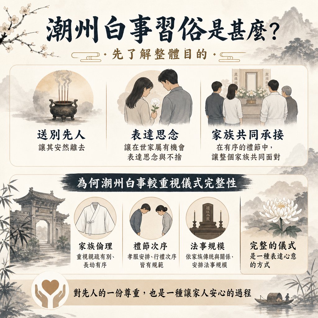 介紹潮州白事習俗目的與儀式完整性的資訊圖。內容涵蓋送別先人、表達思念、家族共同承接三大目的，以及家族倫理、禮節次序和法事規模等重視儀式完整性的原因。