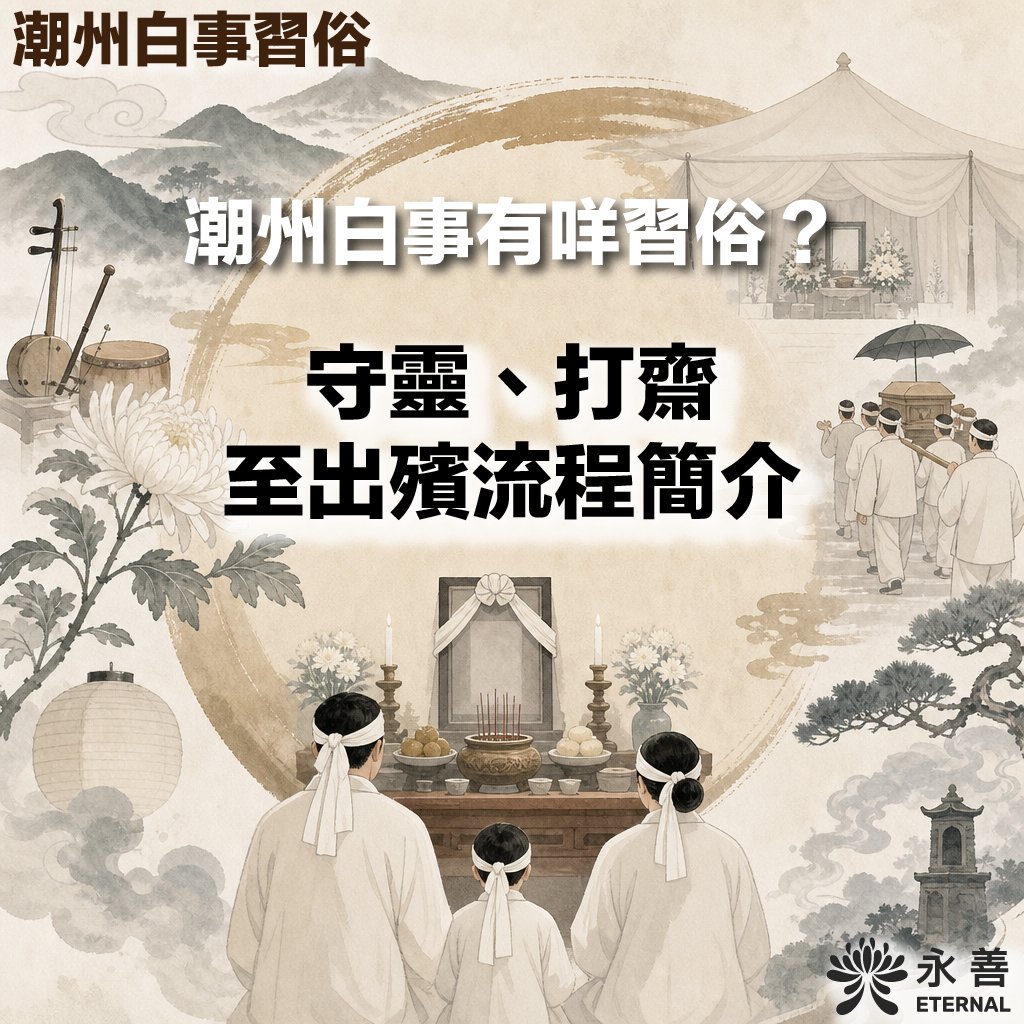 潮州白事習俗宣傳圖，上方標題為「潮州白事有咩習俗？守靈、打齋至出殯流程簡介」。插畫採用淡雅水墨風格，呈現家屬身穿素服戴孝、在靈堂前祭拜的背影，以及抬棺出殯的場景。