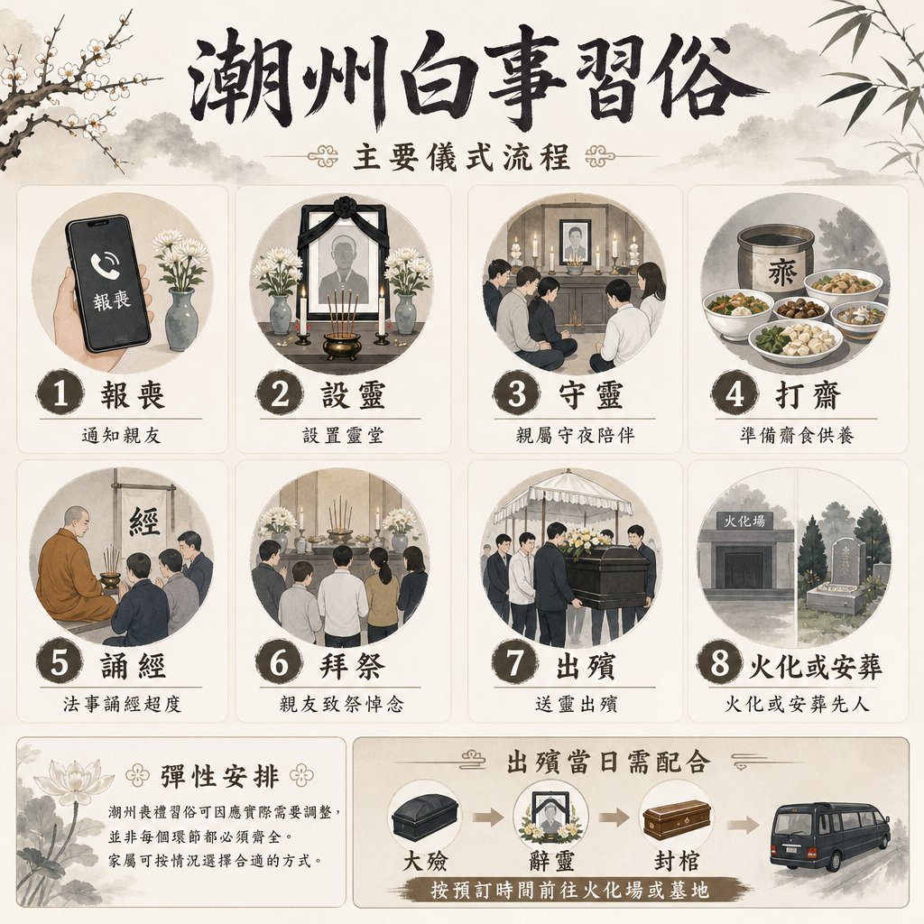 潮州白事主要儀式流程圖，包含報喪、設靈、守靈、打齋、誦經、拜祭、出殯、火化或安葬八大步驟，並說明出殯當日大殮、辭靈、封棺等配合流程。