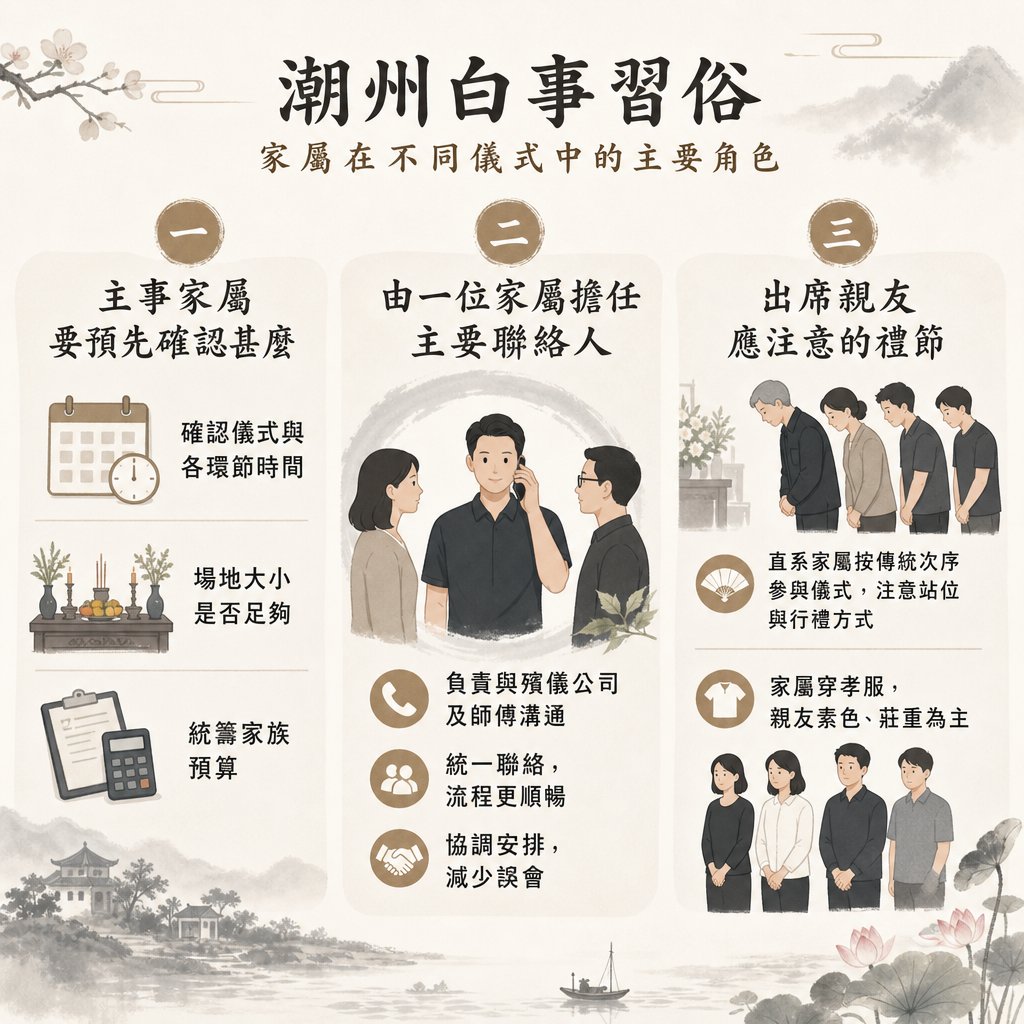 潮州喪禮家屬角色與禮節指引圖表。內容涵蓋主事家屬需確認的時間、場地與預算；主要聯絡人負責與殯儀公司及師傅協調溝通；以及出席親友在行禮次序、站位與素色衣著上的注意事項。