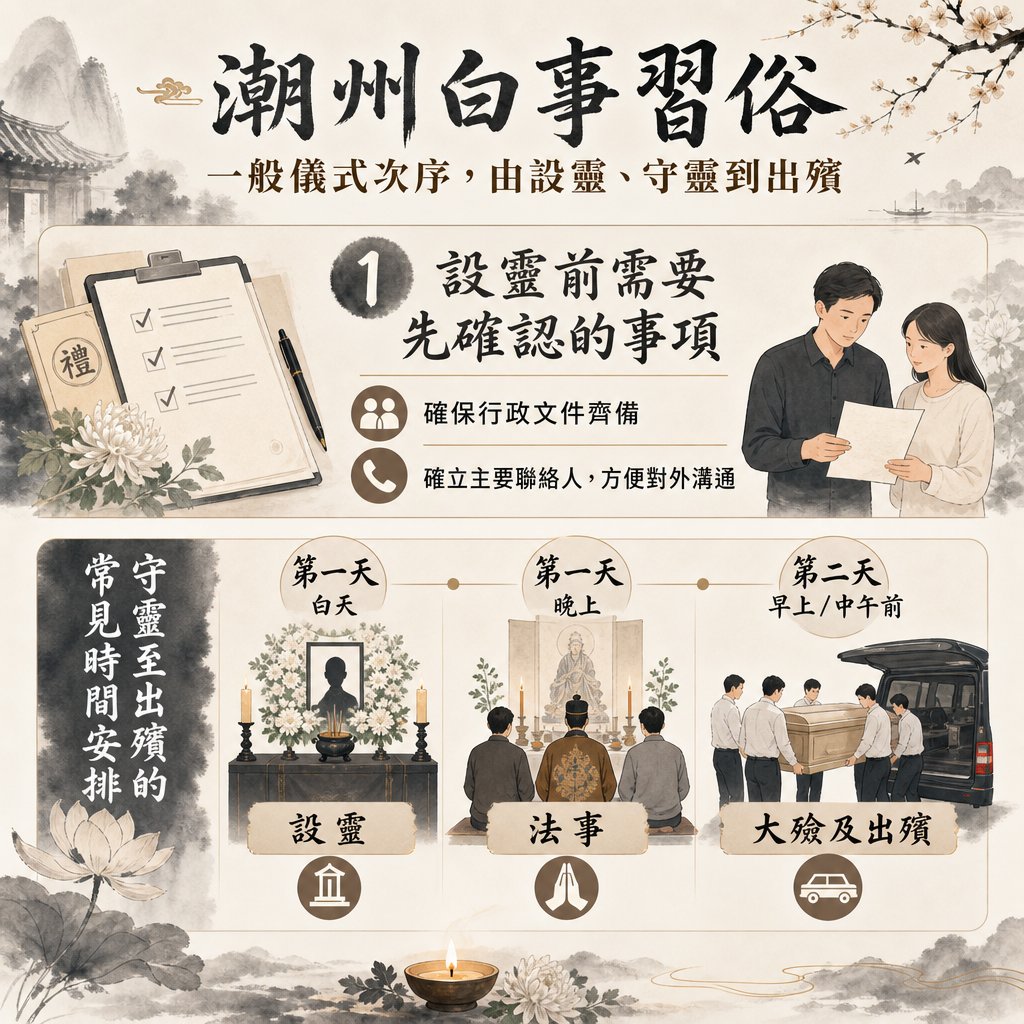 潮州喪禮儀式時間安排圖表。內容包含設靈前的準備事項（文件與聯絡人），以及兩天一夜的常見時程：第一天白天設靈、晚上做不法事法事，第二天早上或中午前大殮出殯。