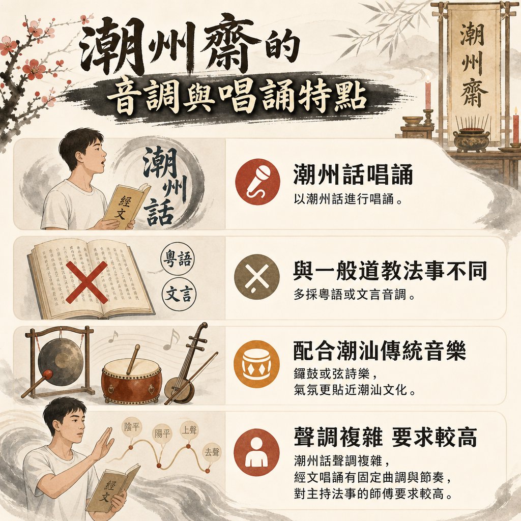 介紹潮州齋唱誦特點的資訊圖。內容包含使用潮州話唱誦（區隔於一般道教法事的粵語或文言）、搭配潮汕傳統鑼鼓與弦詩樂，以及因潮州話聲調複雜，經文唱誦具有固定曲調與高度技巧要求。