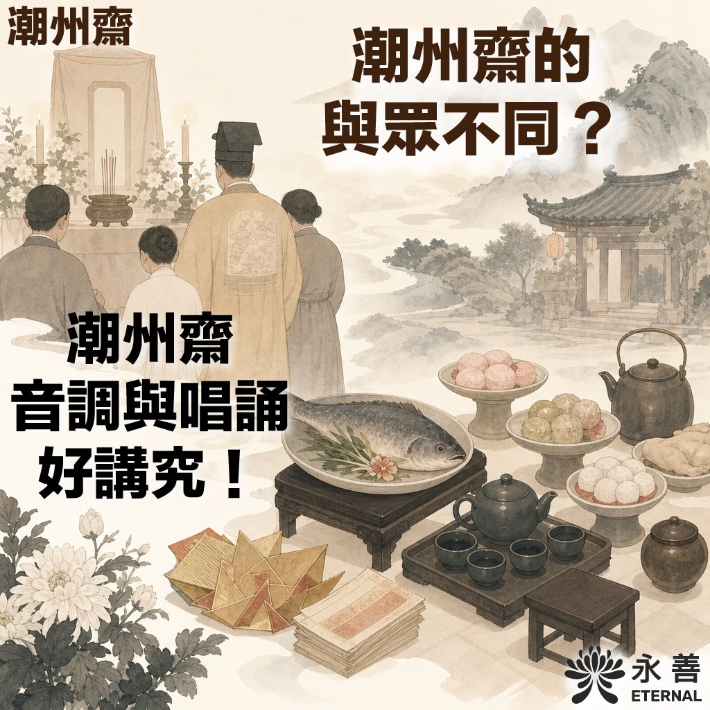 潮州齋宣傳圖片。水墨畫風格背景展示祭祀現場，左上方有人員面向神壇背影，右下方擺放茶具、全魚、糕點等豐富祭品，以及紙錢。圖中帶有標題文字「潮州齋的與眾不同？」與「潮州齋音調與唱誦好講究！」。