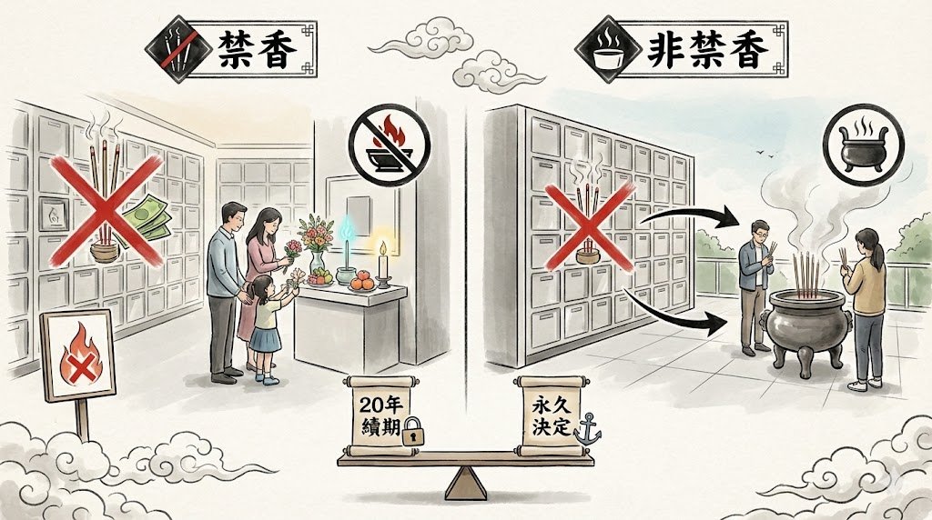 choosing-between-incense-and-smoke-free-columbarium 對比圖示:禁香區環境整潔與非禁香區設有公眾香爐的祭祀場景對比。
