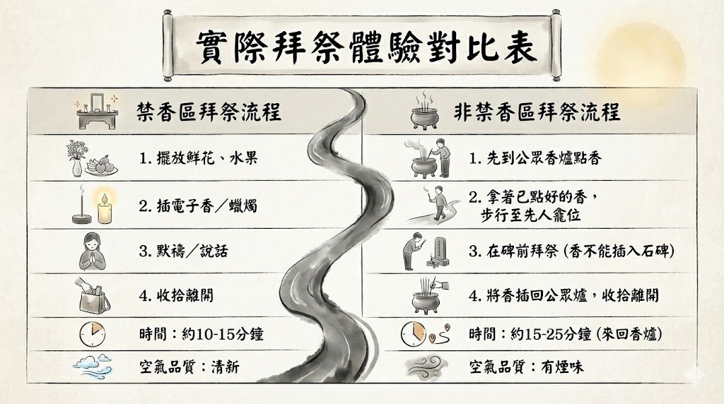 comparison-of-incense-and-smoke-free-rituals 詳細對比表,列出禁香區與非禁香區在拜祭步驟、空氣品質及時間成本上的差異。