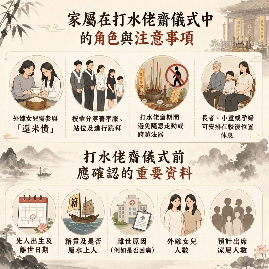 介紹「家屬在打水佬齋儀式中的角色與注意事項」的資訊圖。上半部列出家屬守則：一、外嫁女兒需參與「還米債」；二、按輩分穿著孝服、站位及進行跪拜；三、打水佬齋期間避免隨意走動或跨越法器；四、長者、小童或孕婦可安排在較後位置休息。下半部為「打水佬齋儀式前應確認的重要資料」，包含：先人出生及離世日期、籍貫及是否屬水上人、離世原因（例如是否因病）、外嫁女兒人數，以及預計出席家屬人數。整體風格為帶有水墨山水與荷花裝飾的淡雅中式設計。
