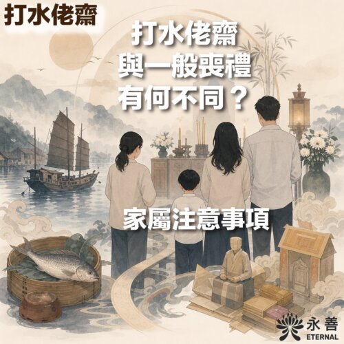 永善 Eternal 提供的資訊圖，主題為「打水佬齋與一般喪禮有何不同？家屬注意事項」。背景採用傳統水墨畫風格，描繪一家四口穿著素服在祭台前致意，旁邊有傳統帆船在水上航行，並配有鮮魚及紙紮祭品等傳統喪葬元素。