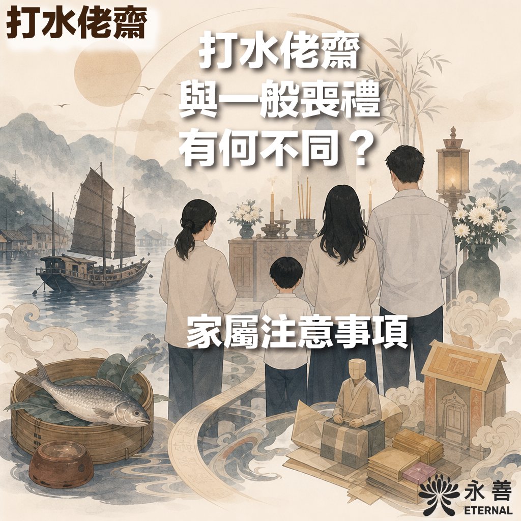 永善 Eternal 提供的資訊圖，主題為「打水佬齋與一般喪禮有何不同？家屬注意事項」。背景採用傳統水墨畫風格，描繪一家四口穿著素服在祭台前致意，旁邊有傳統帆船在水上航行，並配有鮮魚及紙紮祭品等傳統喪葬元素。