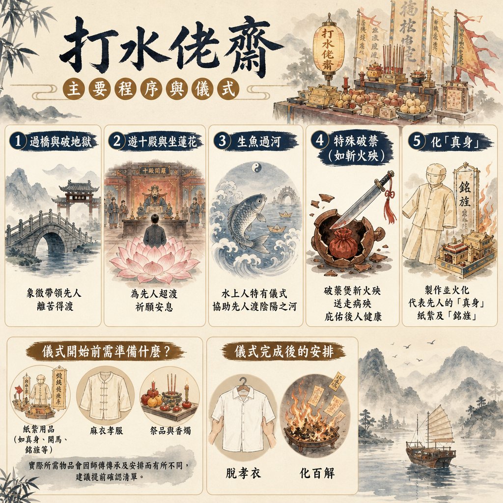 介紹「打水佬齋主要程序與儀式」的資訊圖。圖中詳細列出五大儀式步驟：1. 過橋與破地獄（象徵帶領先人離苦得渡）；2. 遊十殿與坐蓮花（為先人超渡祈願安息）；3. 生魚過河（水上人特有儀式，協助先人渡過陰陽之河）；4. 特殊破禁如斬火殃（破藥煲斬火殃以送走病殃，庇佑後人健康）；5. 化「真身」（製作並火化代表先人的真身紙紮及銘旌）。下方另說明儀式前需準備紙紮用品、麻衣孝服及祭品香燭，以及儀式完成後脫孝衣、化百解的安排。