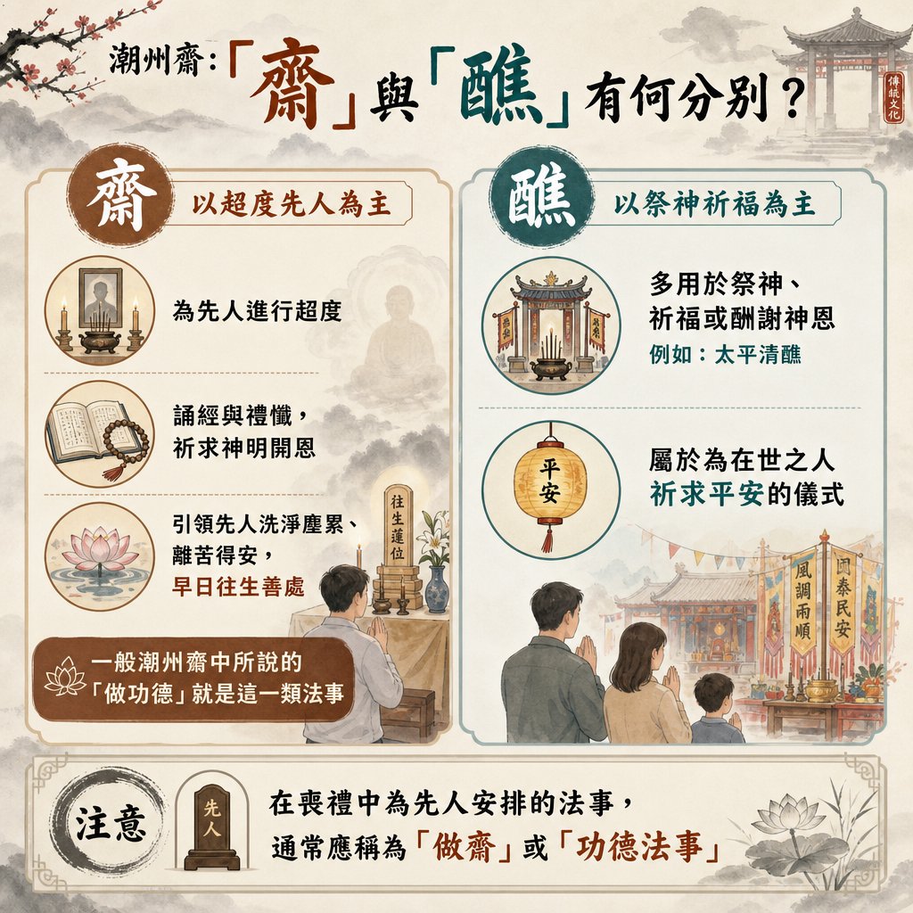 潮州傳統習俗「齋」與「醮」的分別資訊圖。左對比「齋」以超度先人、做功德為主；右對比「醮」以祭神祈福、為在世者求平安（如太平清醮）為主。下方備註喪禮法事應稱「做齋」或「功德法事」。