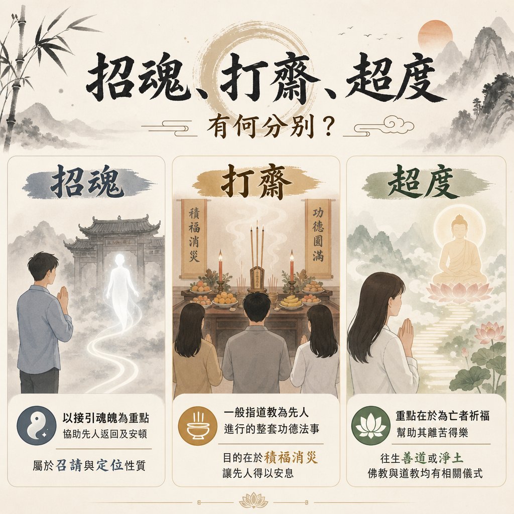 中式殯儀知識圖表，對比招魂、打齋、超度的分別。「招魂」以接引魂魄為重點，屬召請與定位性質；「打齋」是一般道教為先人進行的整套功德法事，旨在積福消災；「超度」重點在於為亡者祈福、使其離苦得樂並往生善道或淨土，佛道教皆有相關儀式。