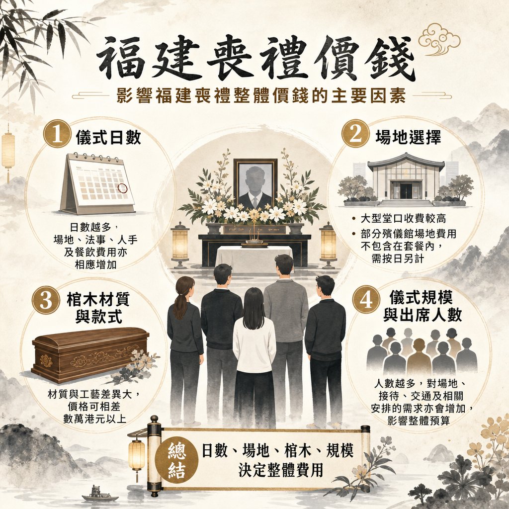 factors-affecting-fujian-funeral-prices 福建喪禮費用主要影響因素資訊圖表。主標題為「福建喪禮價錢:影響福建喪禮整體價錢的主要因素」。列出 4 大核心費用因素:1. 儀式日數;2. 場地選擇;3. 棺木材質與款式;4. 儀式規模與出席人數等。