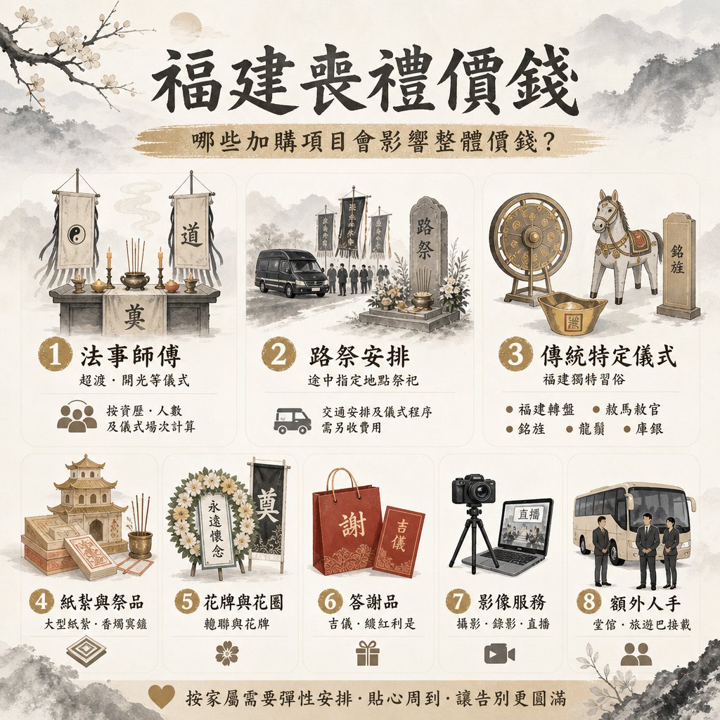 fujian-funeral-additional-costs-and-services-guide 福建喪禮加購與額外費用項目資訊圖表,主標題為「福建喪禮價錢:哪些加購項目會影響整體價錢?」。圖中詳細列出 8 大加購服務項目:1. 法事師傅;2. 路祭安排;3. 傳統特定儀式;4. 紙紮與祭品;5. 花牌與花圈;6. 答謝品;7. 影像服務;8. 額外人手等。