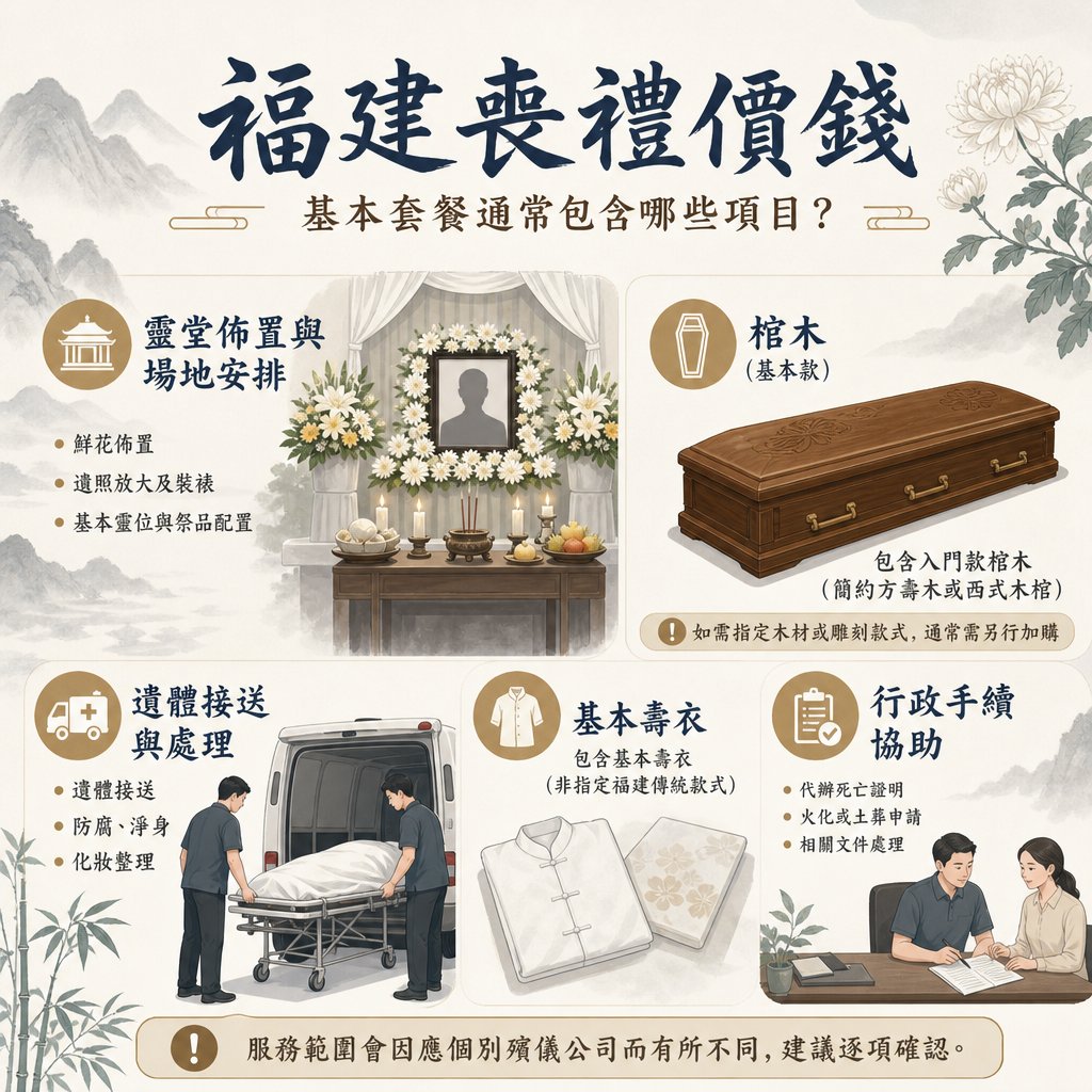 fujian-funeral-basic-package-items-infographic 福建喪禮基本套餐項目資訊圖表,圖表詳細列出五大項目:1. 靈堂佈置與場地安排;2. 基本款棺木;3. 遺體接送與處理;4. 基本壽衣;5. 行政手續協助等。